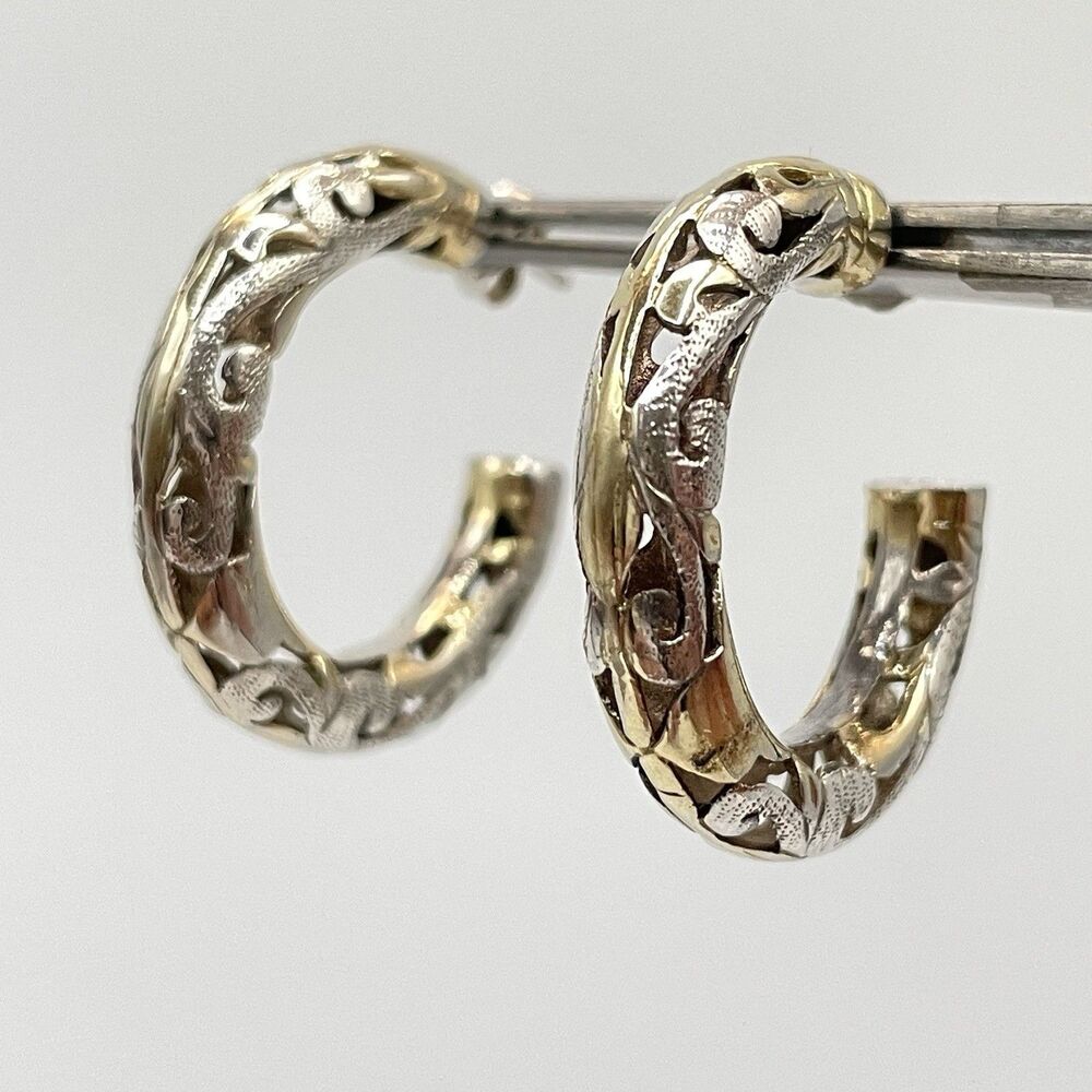 925 Sterling Silver Gold Tone Filigree Boho Hoop Earrings Statement Classic